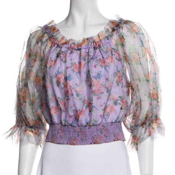 Alice+Olivia off Shoulder Smocked Lavender Silk Organza Floral Top L Orig $395 - Picture 4 of 9